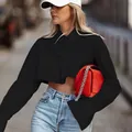 Camisa corta negra de manga larga con cuello de solapa para mujer estilo callejero - S / Tops / Negro