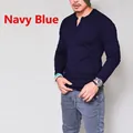 Camiseta Henley de algodón azul marino de manga larga para hombre, corte ajustado - S / Tops / Azul marino