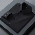 Classic pure black mulberry silk long-sleeve men's shirt in a premium non-iron finish - 38 / Tops / Solid Black