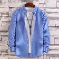 Klassisches blau-weiß vertikal gestreiftes Langarmhemd für Herren, lässiger Modestil - M / Oberteile / Blau-weiße Streifen (TPR-06)