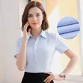 Chemise de travail professionnelle à manches courtes bleu clair pour femmes en sergé - 38 / Hauts / Sergé Grossier Col en V / Bleu clair