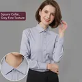 Professional women's long-sleeve gray shirt with fine texture and square collar - 35 / Top (101-08) / Light Gray Fine Texture