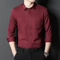 Professional men's burgundy slim fit stretch long sleeve shirt for business casual wear - Burgundy