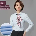 Professional women's slim-fit long-sleeved light blue shirt with striped scarf and detail view - 35 / Top (101-21) / Blue Fine Pattern