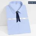 Professional light blue short-sleeve women's dress shirt with navy ribbon tie detail - 35/S / Tops / Blue Striped (DA350-23)
