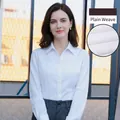 Elegant white long-sleeved professional blouse for women, slim fit in plain weave fabric - 38 / V-Neck Plain Weave Style (V1012-08) / White