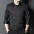 Elegant slim fit men's long sleeve business casual shirt in professional solid black. - 38 / Tops / Black