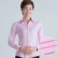 Slim fit pink long-sleeved professional dress shirt for women featuring coarse twill fabric - 38 / V-Neck Coarse Twill Style (V1012-06) / Pink