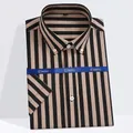 Men's slim fit short sleeve stretch shirt with tan and black vertical stripes - 38 / Tops / Coffee and Black Stripes (D209)