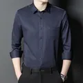 Men's slim-fit long-sleeved navy blue stretch shirt for stylish business casual wear - 38 / Tops / Navy Blue