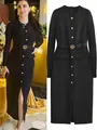 Elegant black long-sleeve midi dress with gold flower belt and decorative button details. - Long Sleeve Black