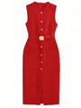 Elegant red sleeveless midi dress featuring a button-down front and gold shell buckle belt - S / Dresses / Red