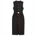 Detailed view of an elegant black sleeveless midi dress with a decorative gold belt buckle. - S / Dresses / Black
