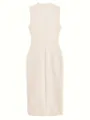 Back view detail of elegant cream sleeveless high-neck midi dress with waist slimming fit. - S / Dresses / Apricot