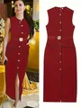 Elegant red sleeveless round neck midi dress with front buttons and waist belt design - S / Dresses / Burgundy