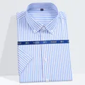 Light blue and white striped men's slim fit stretch short-sleeve business shirt - 38 / Tops / Blue and White Fine Stripes (D210)