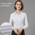 White slim-fit long-sleeve professional shirt for women with V-neck and fine texture - 35 / Top (V2107-20) / White Fine Pattern