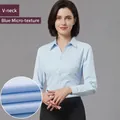 Professional light blue long sleeve slim fit V-neck shirt for women's office wear. - 35 / Tops / Blue Fine Texture (V2107-21)