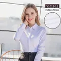 Chemise blanche professionnelle OL à manches longues avec rayures subtiles - 38 / Style Rayures Discrètes Blanc Col en V (V1012-11) / Blanc