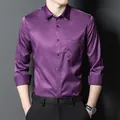 Premium men's slim fit purple long sleeve stretch business casual formal dress shirt - Deep purple