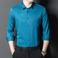 Elegant slim fit teal blue long sleeve dress shirt for professional business casual wear - Dark Green