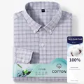 Camicia da uomo premium in cotone a quadretti grigi, senza stiro con maniche lunghe - Taglia S / Top / Grigio Blu (7008)