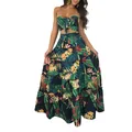 Detailed view of women tropical floral print two-piece strapless maxi dress set for summer - S / Top And Bottom / Green