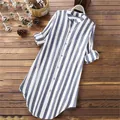 Casual women's blue and white striped long-sleeve shirt dress in cotton linen fabric - S / Tops / Blue