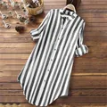 Women's casual black and white vertical striped cotton linen long-sleeve shirt top - S / Tops / Black