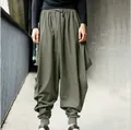 Heren vintage legergroene losse harembroek met laag kruis en elastische taille ontwerp - S / Bottoms / Legergroen