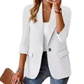 Detailed view of elegant white women's 3/4 sleeve blazer featuring lapel and button detail - S / Tops / White