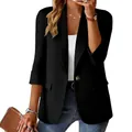 Detail of women's black three-quarter sleeve blazer with a single button closure. - S / Tops / Black
