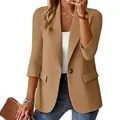 Women's elegant camel blazer with 3/4 sleeves and single button closure detail. - Khaki