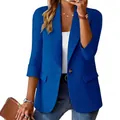 Close-up detail of a women's royal blue three-quarter sleeve blazer with button - Blue