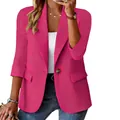 Vibrant bright pink women's blazer featuring three-quarter sleeves and classic lapel - Rose Red