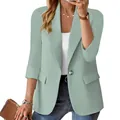 Close-up of elegant sage green women's blazer featuring 3/4 sleeves and single button - Light Green