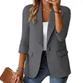Close-up of a women's three-quarter sleeve solid gray open-front blazer jacket - S / Tops / Gray