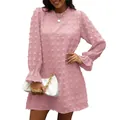 Elegante mini abito in chiffon jacquard rosa con maniche a sbuffo alla moda da donna - Taglia S / Vestiti / Rosa