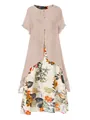 Elegant cotton linen floral maxi dress with layered design in dusty rose and white - M / Dresses / Pink