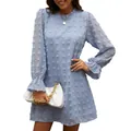 Elegante abito in chiffon azzurro a maniche lunghe con texture jacquard a pompon di classe - Taglia S / Vestiti / Azzurro