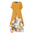 Women's elegant yellow cotton linen floral maxi dress featuring a layered design - M / Dresses / Yellow