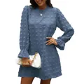 Elegante abito corto in chiffon blu con maniche lunghe e pompon per donna primaverile - Blu scuro