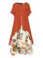 Elegant orange cotton linen long dress with vintage floral patchwork for women variant - M / Dresses / Red