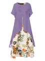 Two-piece style purple cotton linen dress featuring a vintage floral print long skirt - M / Dresses / Purple