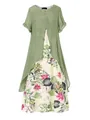 Robe mi-longue évasée en coton et lin à fleurs avec superposition verte à manches courtes - Vert