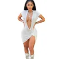 Stunning white bodycon mini dress featuring a plunging V-neck and stylish front knot - L / Dresses / White