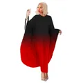 Elegant plus size batwing sleeve pleated maxi dress with black to red gradient effect - One Size / Dresses / Black Red Gradient