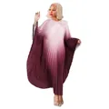 Full view of elegant plus size pleated gradient batwing sleeve long dress on model - One Size / Dresses / Burgundy Gradient