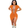 Sexy orange deep V-neck nightclub mini dress with front knot detail and ribbed texture - S / Dresses / Orange
