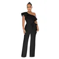 Front view detail of a black one-shoulder jumpsuit featuring ruffles and waist tie - S / Set / Black